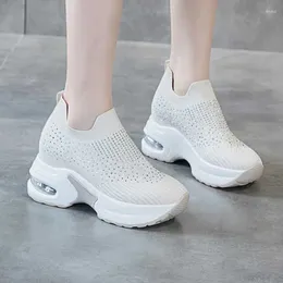 Dress Shoes Krasovki 8cm Stretch Fabric Sock Knitted Slip On Bling Women Fashion Rhinestone Booties Spring Autumn Platform Wedge Ankle