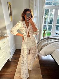 Casual Lace Hollow Out Pants Sets for Women Sexy Long Sleeves Button V-neck Cardigan with Wide Leg Pant Suit Female Chic Outfits
