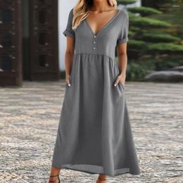 Casual Dresses Women Dress Loose A-line Elegant V Neck Maxi With Pockets For Hem Summer Beach Short Sleeves