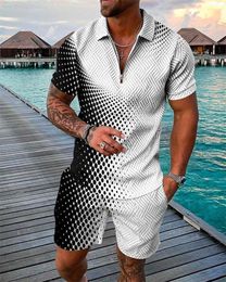 Men's Tracksuits Summer Trend Sweatsuit Set Black And White Spot Gradient 3D Print Casual Zipper Polo Shirt Shorts 2pcs Sets Man Clothing
