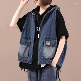 Women's Vests Casual Hooded Denim Vest Women Vintage Loose Sleeveless Jean Jackets Spring And Autumn Streetwear Pocket Cowboy Tops T054