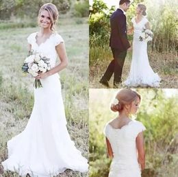 New Elegant Country Lace Wedding Dresses V Neck Cap Sleeve Modest Wedding Bridal Gowns Boho Beach Covered Button Cheap7228079