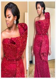 Aso Ebi 2019 Arabic Burgundy Sparkly Evening Dresses Beaded Crystals Mermaid Prom Dresses Sequined Formal Party Bridesmaid Pageant1604105