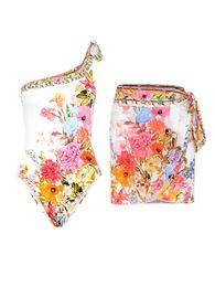 Fashion Vintage Floral Cluster Print Oblique Shoulder One Shoulder Wrong Into Design Womens Bikini Swimsuit Cover Up 240227