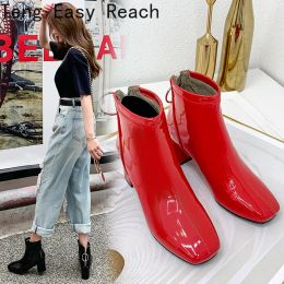 Boots The New Patent Leather Ankle Boots Women Winter Autumn Square High Heel Zipper Boots Round Toe Woman Shoes White Red Black Pink