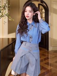 Women's Tracksuits Korean Fashion Stripe Shirt Pleated Shorts Two-piece Set Women Polo Neck Splice Single Breasted Design College Slim