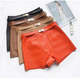 Women's Shorts Real Sheepskin Leather Women Arrival 2024 Casual Genuine Versatile White Belt Botton Short Mujer Pant