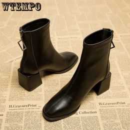 Boots Black Women Boots Square Toe Thick Heel Short Tube Pumps Back Zipper Soft PU Leather British Style Fashion Commuting Spring Fall
