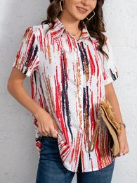 Women's Blouses 2024 Striped Print Button Front Shirt Vintage Short Sleeve For Spring &Fall Clothing Shirts &