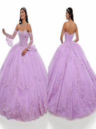 Puffy Lilac Juliet Long Sleeve Quinceanera Dresses 2021 Embroidery Lace Beaded Rhinestones Layers Sweet 16 Dress Vestidos De Prom 6938686