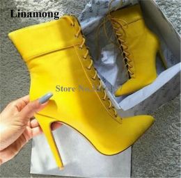 Boots Women Elegant Fashion Pointed Toe Suede Leather Stiletto Heel Short Boots Yellow Laceup High Heel Ankle Booties Dress Heels