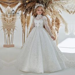 Lace Flower Girl Dress Bows Toddler First Communion Dress Princess Tulle Ball Gown Wedding Party Dress 2-14 Years BC14774