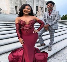 Sexy African Black Girls Burgundy Mermaid Prom Dresses 2020 Lace Appliques Backless Women Long Sleeves Evening Party Gowns8783881