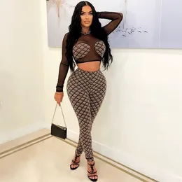 Women's Two Piece Pants Sexy 2 Club Outfits For Women Festival Clothing Mesh Sheer Patchwork Crop Top And Leggings Set Party Birthday