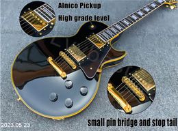 Electric guitar pure black Alnic high gloss pickup high level small bridge pin and nut bone yellow binding ebony Fi 369