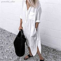 Summer Dress for Women Linen Maxi Shirt Dresses Ladies Elegant Casual Vestidos Female Tunic Plus Size 5XL Long Dress White 172