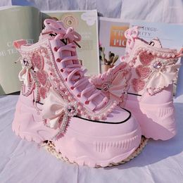 Casual Shoes Sweet Pink High Platform Women Sneakers Female Ankle Booties Pearls Heart Rhinestones Ladies Thick Bottom