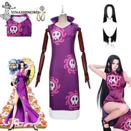 cosplay Anime Costumes Onepiece Boa Hancock Cosplay Womens Jewellery Set Purple Qipao Snake Earrings Wig Halloween SetC24321