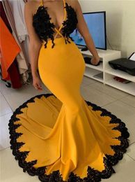 South African Black Girl Prom Dresses Mermaid Halter With Black Appliques Holidays Party Gowns Plus Size Custom Made4678934