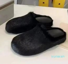 Fashion Fur Slippers Women Round Toe Horse Hair Slides Female Black Rose Red Green Mules Shoes Flat Half Slipper Woman Casual plush shoess size