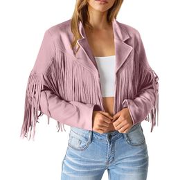 8 Colours Women Coat Faux Suede Leather Jackets Fringe Tassel Motorcycle Cropped Coats Western Cowgirl Hippie Vintage Cardigan 240315