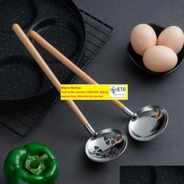 Spoons Japanese Style Beech Wood Handle Soup Spoon Stainless Steel Ladle Long Wooden Kitchen Cooking Utensil Lx3993 Drop Delivery ZZ