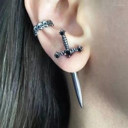 Stud Earrings Gothic Unique Trend Splitting Sword Vintage Cool Punk Black Zircon Ear Jacket Dagger Jewellery Gift For Women