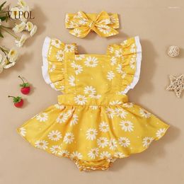 Girl Dresses VIPOL Floral Print Baby Girls Dress With Headband Ruffle Sleeve Summer 1 Year Birthday Party Costume Infant Outfits