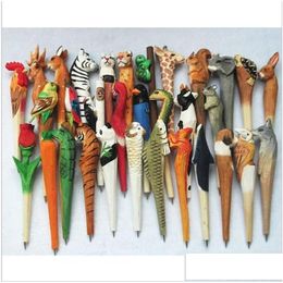 Party Favour 200Pcs/Sets Handmade Ballpoint Pen Lovely Artificial Wood Carving Animal Ball Creative Arts Blue Pens Gift Many Colour Dr Dhsug