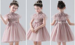 Lindo vestido rosa empoeirado de renda / tule com gola alta, vestidos curtos para meninas, vestidos para concursos de meninas, saia de aniversário / festa para meninas, vestido diário personalizado SZ 2-12 D321072