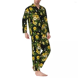 Men's Sleepwear Rose Floral Pyjama Set Yellow And Green Kawaii Woman Long Sleeve Vintage Room 2 Pieces Nightwear Large Size 2XL