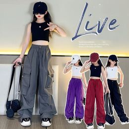 Teenagers loose casual trousers big girls drawstring elastic waist cargo pants 2024 summer old kids printed short vest tops Z7265