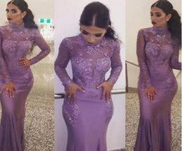 Purple High Neck Mermaid Dresses Evening Wear Lace Appliques Illusion Beaded Sheath Tshirt Long sleeves Floor Length Formal Prom 5416574
