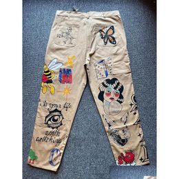 Mens Pants 23Ss Style Vintage Cartoon Animal Print Iti Hand Cargo Men Women Trousers Drop Delivery Apparel Clothing Otfxu