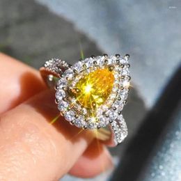 Cluster Rings 925 Silver Classic Fashion Zircon For Women Ladies Proposal Diamond Water Drop Yellow Female Ring Party Jewellery