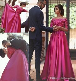 2019 Arabic Dubai Islamic Muslim Fuchsia Evening Dress Long Sleeves Formal Holiday Wear Prom Party Gown Custom Made Plus Size9368805