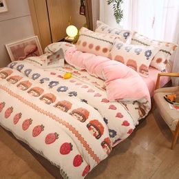 Bedding Sets 150/180/200CM Girl & Fruit Print Velvet Warm Bed Sheet Duvet Cover Pillowcase Four-piece Set For Winter M034-36