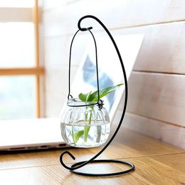 Vases 2Colors Hanging Transparent Bottle Flower With Iron Shelf Art Hydroponic Container Living Room Wedding Table Decoration