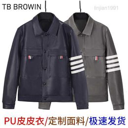 Mens Jackets Browin TB new leather clothes mens four bars Korean casual leather jacket with Lapel bottom coat