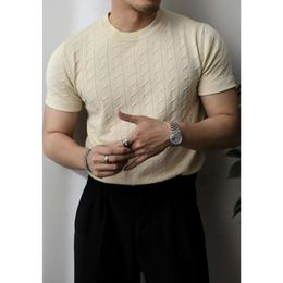 M-3XL Men's Premium Knited T-shirt Casual Korean Streetwear Khaki Short Sleeve Slim Solid Color O Neck Tees Summer