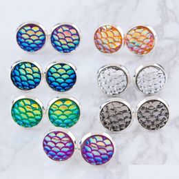 Stud Stud Fashion Drusy Druzy Earrings Stainless Steel 12Mm Mermaid Fish/Dragon Scale Pattern For Women Lady Jewellery Drop Delivery Dhw Dhkmw