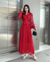 Work Dresses 2024 Spring Autumn Women Sweet Elegant Skirt Suits High Quality Long Sleeve Lace Shirt And Pleated Two Piece Set