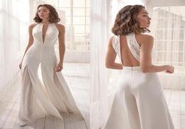 Beach White Jumpsuit Evenning Dresses Sexy Sleeveless Hollow Back Ruched Satin Party Wear Appliqued Lace In Stock Special Occasion5184393