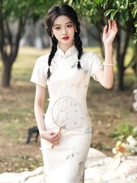 Ethnic Clothing Young Lady Style Full Flower Cotton Long Cheongsam Spring And Summer Daily Wearable Elegant Dress