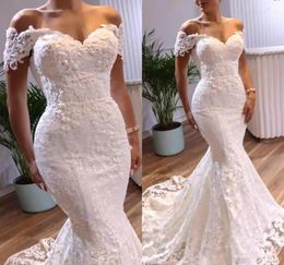Elegant Mermaid Wedding Dresses Short Sleeves 2022 Lace Applique Sweep Train Custom Made Plus Size Wedding Bridal Gown Vestido de 8174261