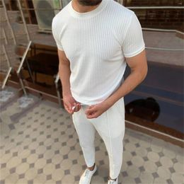Men's Tracksuits Summer Breathable Two Piece Jacquard Pitted T Shirt Pants Suit Sports Mens Funky Suits Pinstripe Jacket