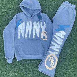 Custom 3d Puff Print Sweatsuits Two Pieces Fleece Tracksuit Set Oversized Cotton Joggers Flared Sweatpants and Hoodie Men