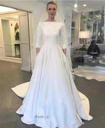 sample Modest Satin Wedding Dresses Meghan Markle Style Bateau Neck 3/4 Sleeves Covered Buttons Back Garden Bridal Gown court train