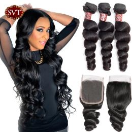 Wigs Wigs SVT Peruvian Hair Weave Bundles With Closure 4 pcs/lot Natural Colour Loose Wave Closure With Bundles Remy Human Hair