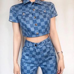 Women's Two Piece Pants Summer 2 Set Women Tracksuit Plaid Short Sleeve Button Pocket Jacket Top Wide Leg Matching Sets Casual Outfits